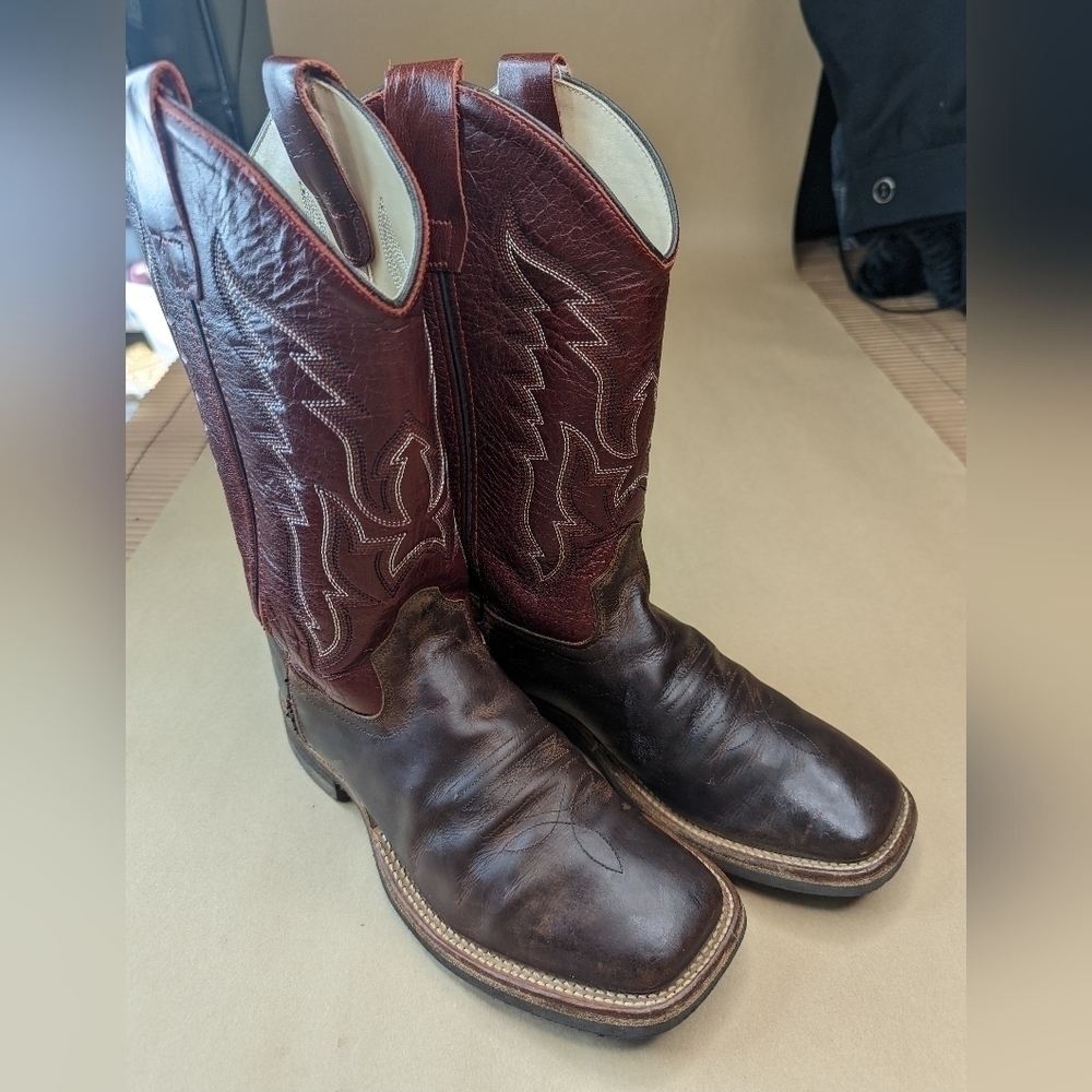 Old West Boots square toe burgundy over brown calf leather women's sz 6.5, youth
